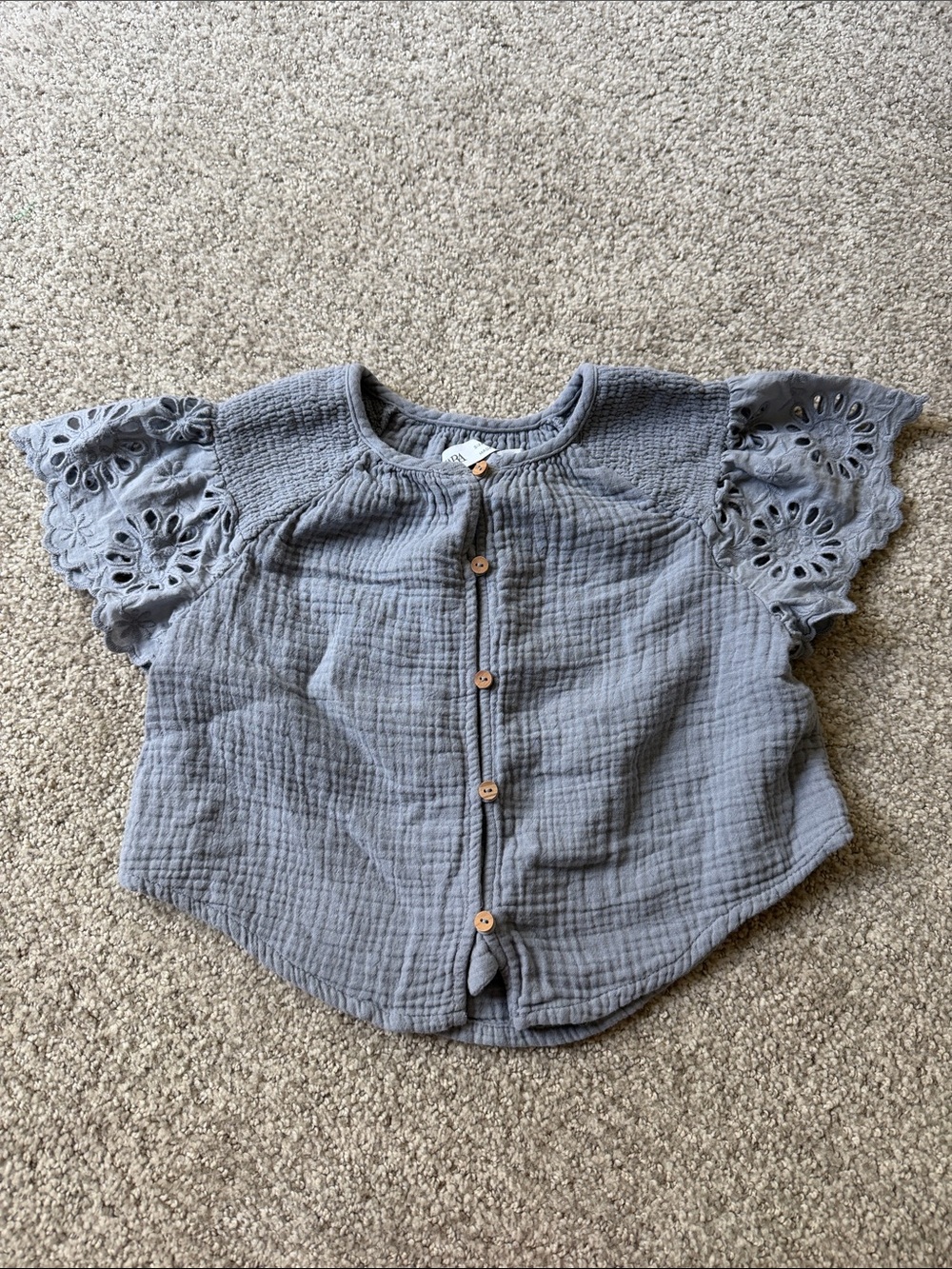 Zara Girls' Button-Front Cotton Gauze Top with Eyelet Sleeves - Blue/grey